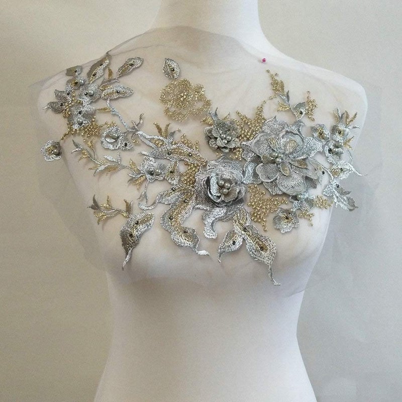 FEEPOP 3D Embroidered Patches Nail Bead Tulle Applique Flower Patch for Clothing Wedding Dress Lace C Fabric DIY Decoration (Gray) - Image 1